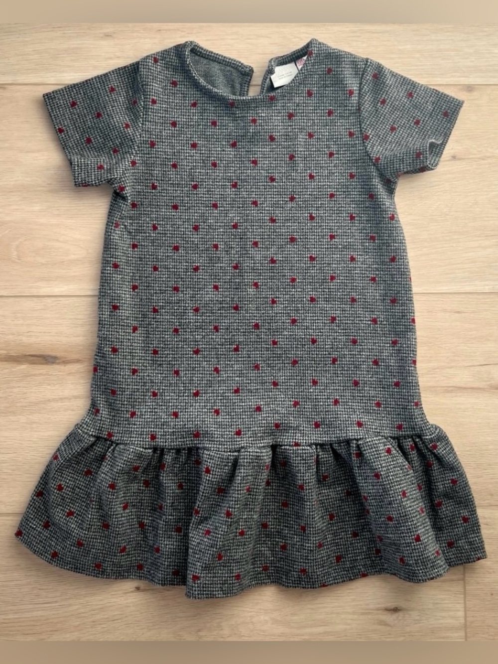 Zara GIRLS Houndstooth Gray Flocked Heart Knit Short Sleeve Dress 1st Year